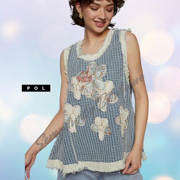 POL Blue Denim Flower Patchwork Frayed Edge Baggy Sleeveless Cotton Drapery Top - Picture 6 of 9